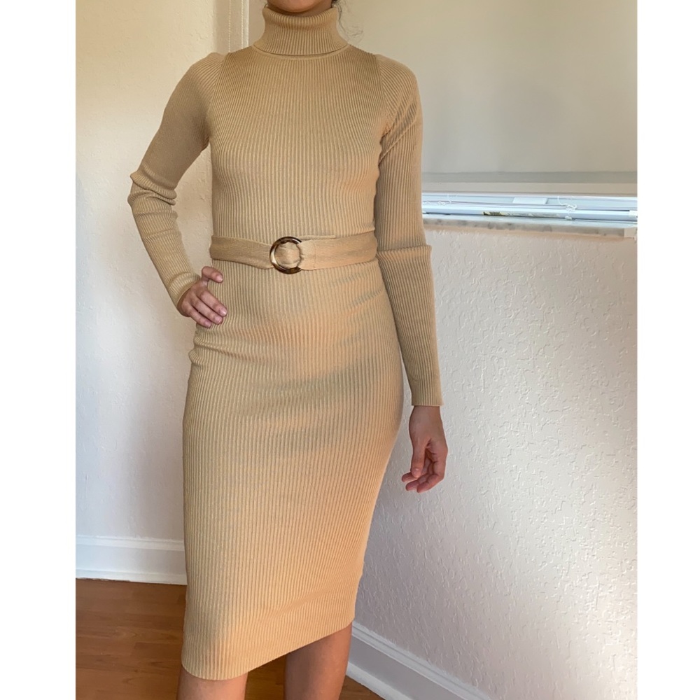 Knitted Belted Dress in Sand